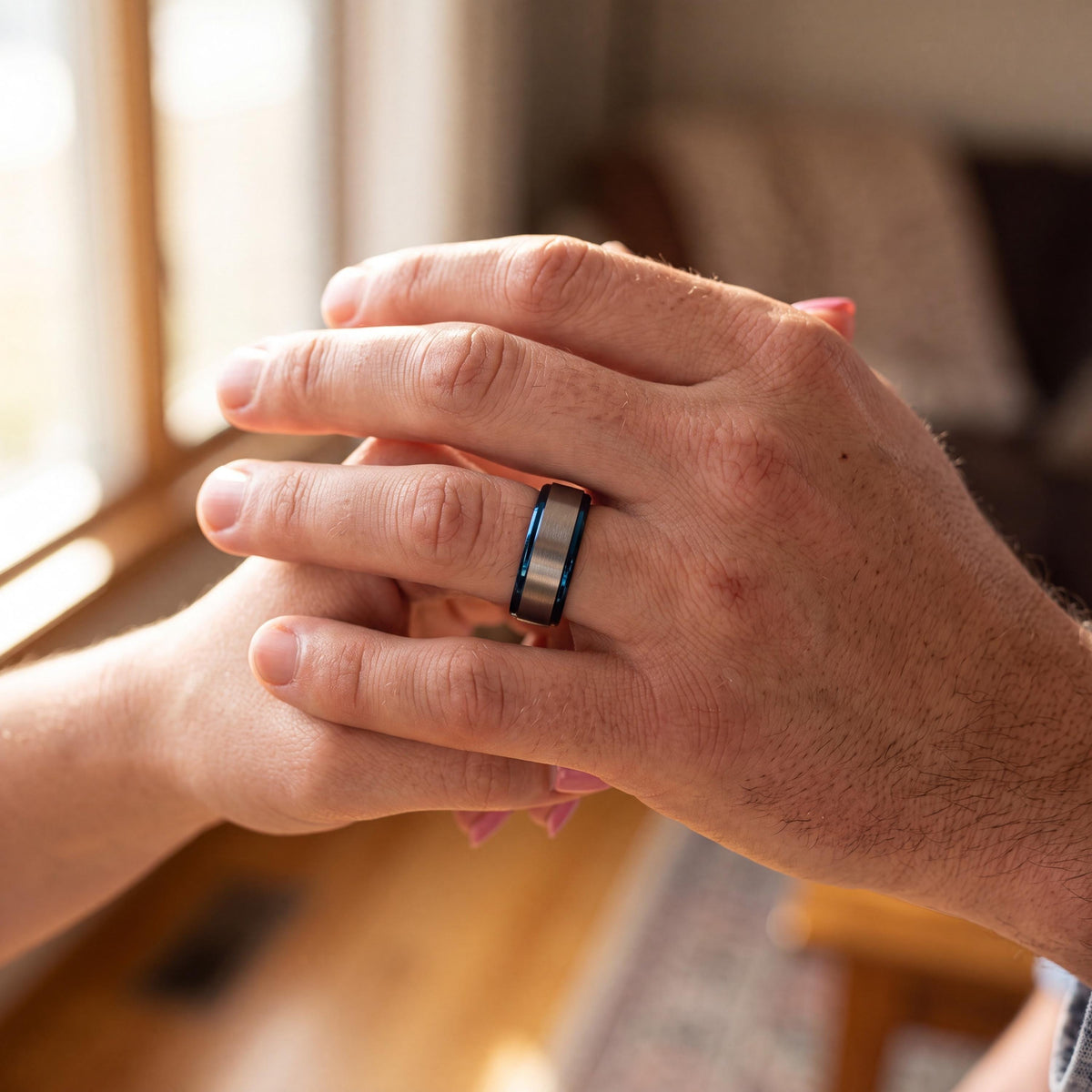 Mens Wedding Band Tungsten,Men Wedding Band,Unique Matching Wedding Bands,Gunmetal Men Wedding Band,Mens Hammered Silver Rings,Blue Rings,10