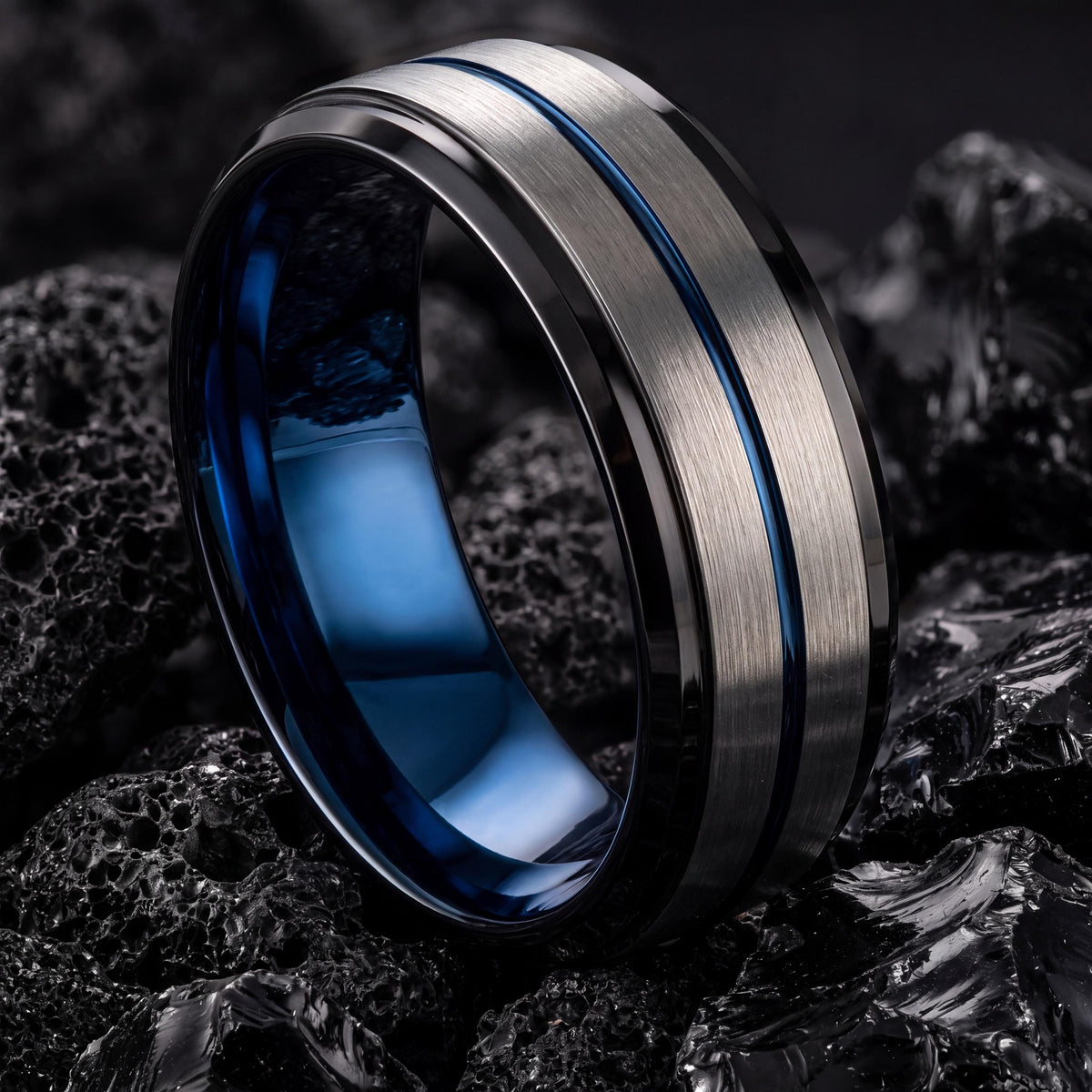 Tungsten Carbide Wedding Band, Blue Silver Black, Comfort Fit