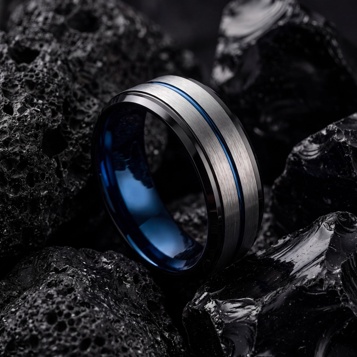 Tungsten Carbide Wedding Band, Blue Silver Black, Comfort Fit