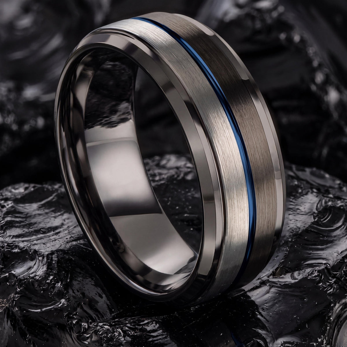 Mens Tungsten Wedding Band, Gunmetal, Silver, Blue Ring