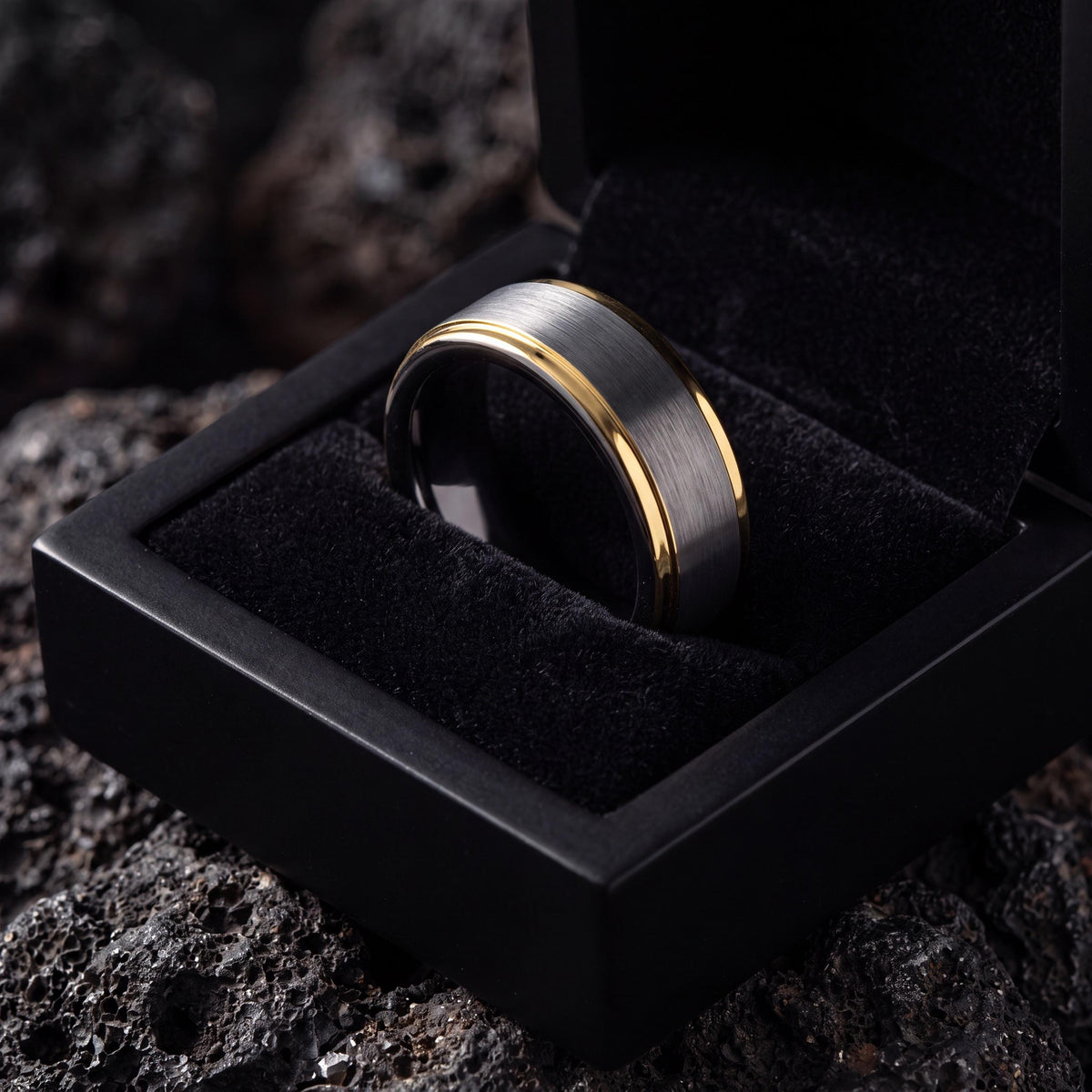 Gunmetal Tungsten Wedding Band, 18K Gold Inlay, Comfort Fit