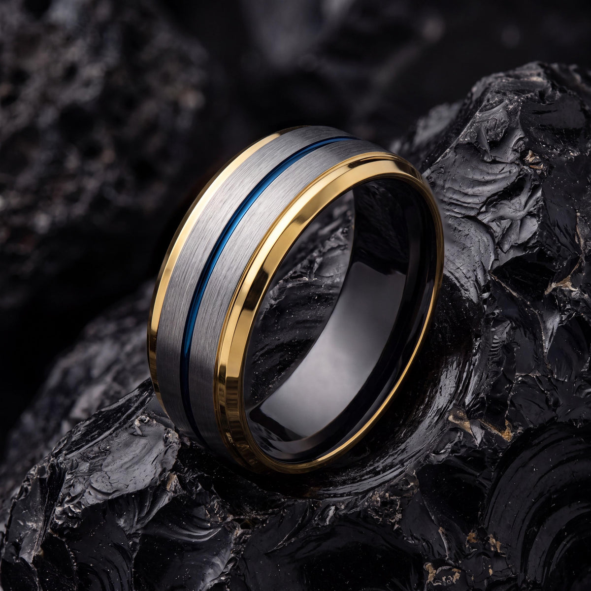 Tungsten Carbide Wedding Band, 18K Gold Plated, Blue Accent Ring