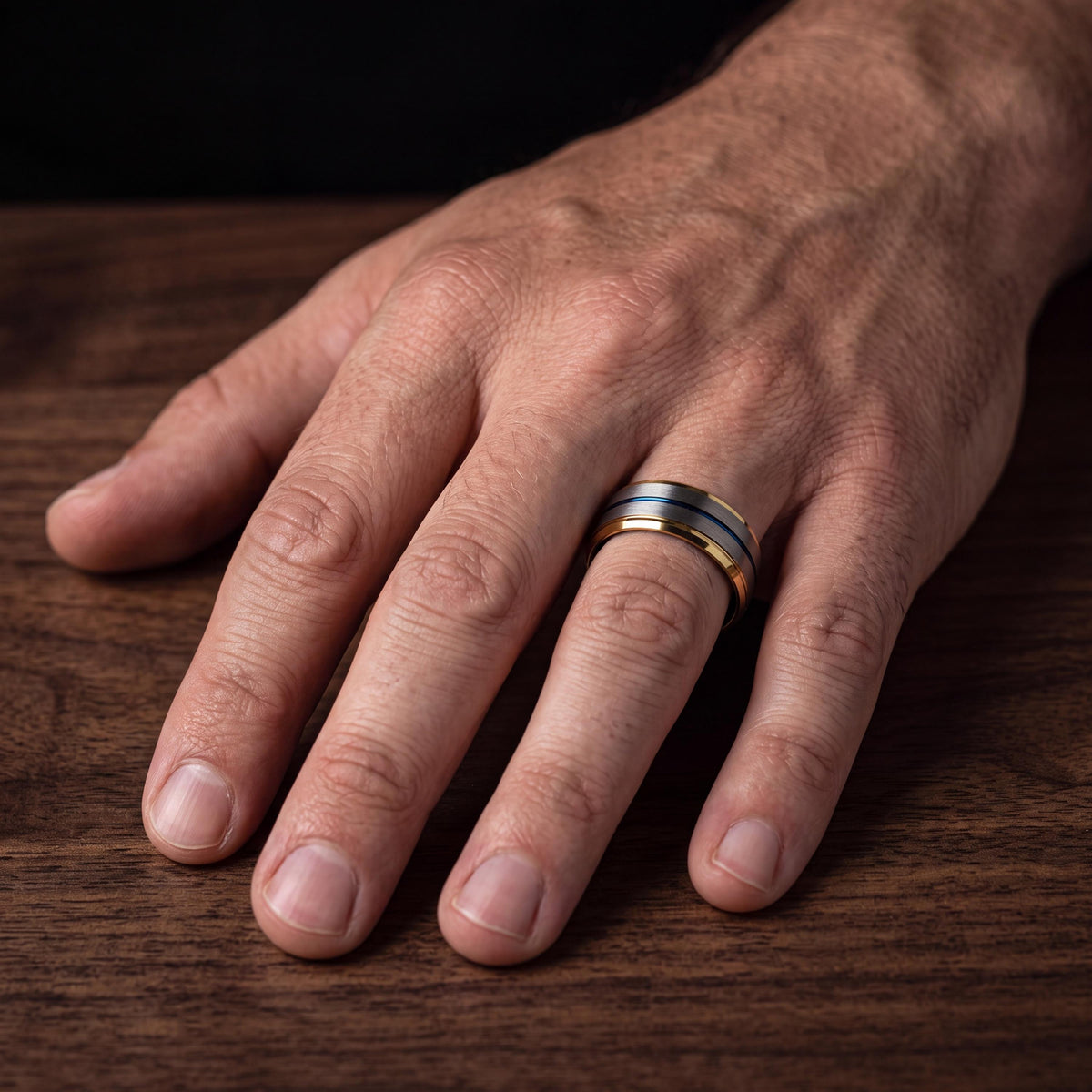 Tungsten Carbide Wedding Band, 18K Gold Plated, Blue Accent Ring