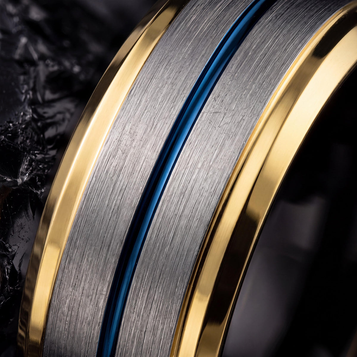 Tungsten Carbide Wedding Band, 18K Gold Plated, Blue Accent Ring
