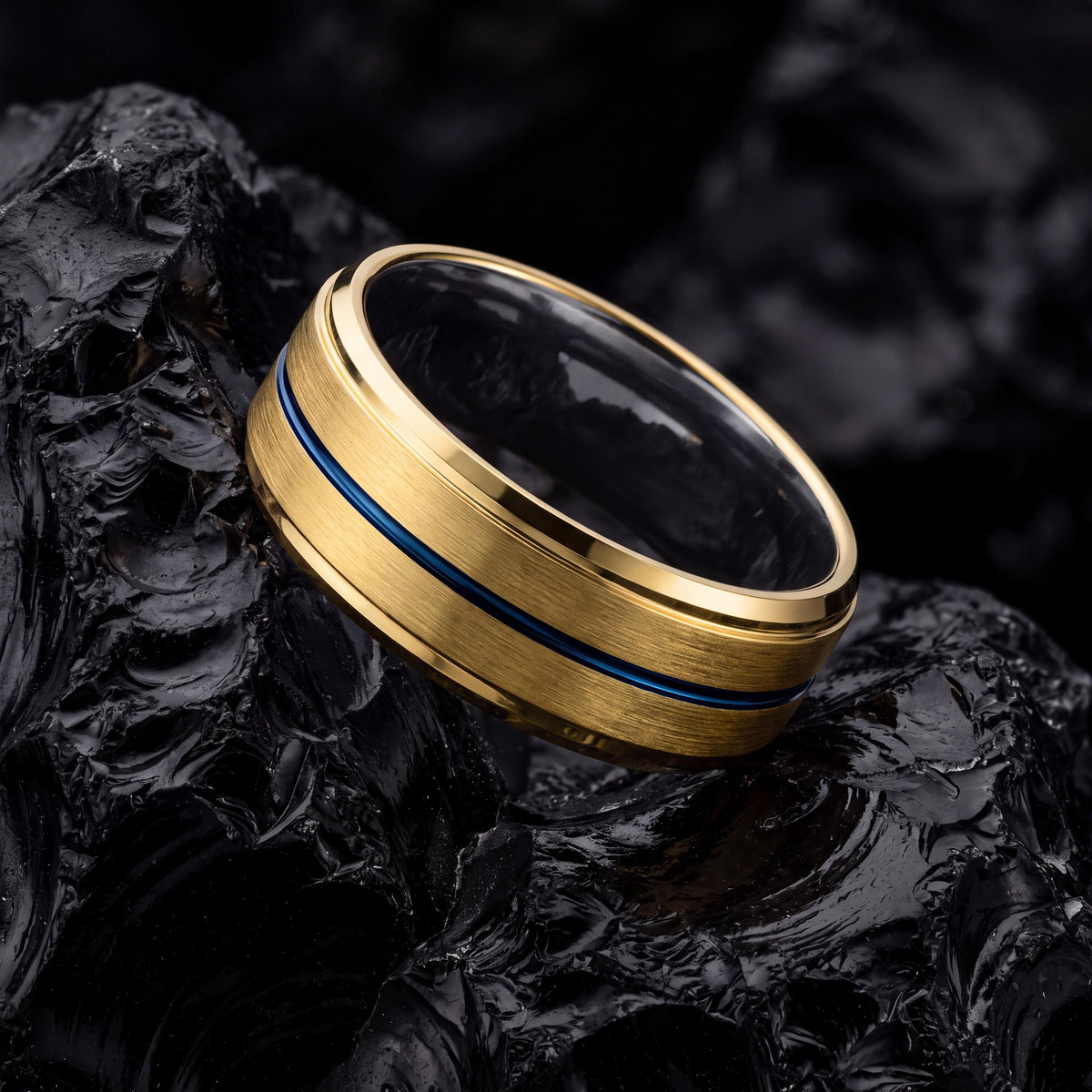 Tungsten Carbide Wedding Band, Blue Groove, 18k Yellow Gold Plated