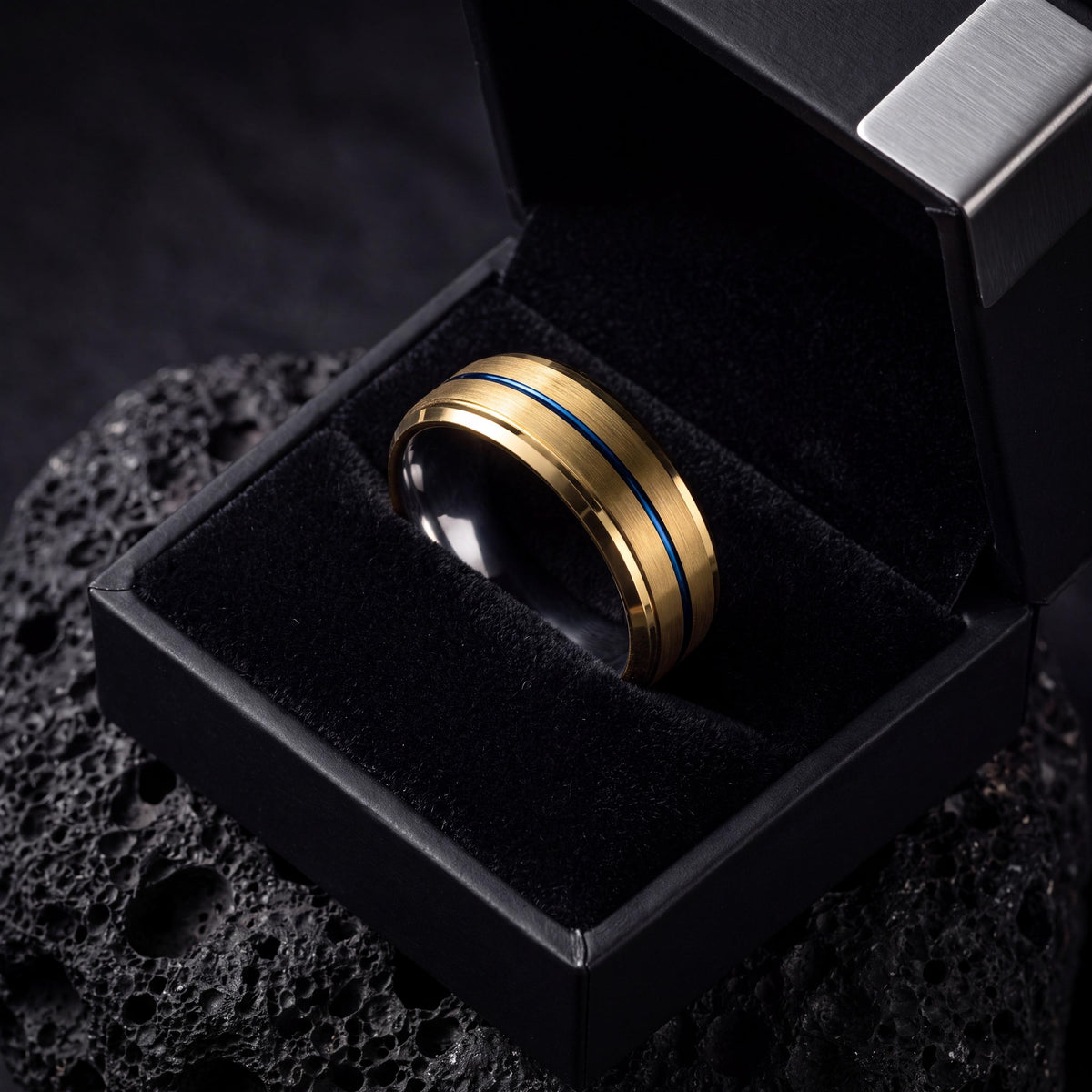 Tungsten Carbide Wedding Band, Blue Groove, 18k Yellow Gold Plated