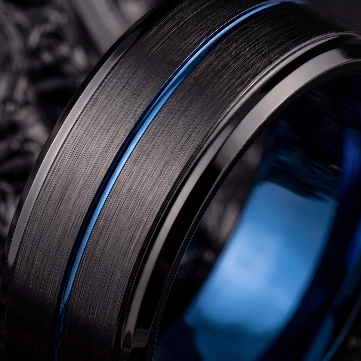 Black Tungsten Wedding Band Set, Blue Center Line, Comfort Fit