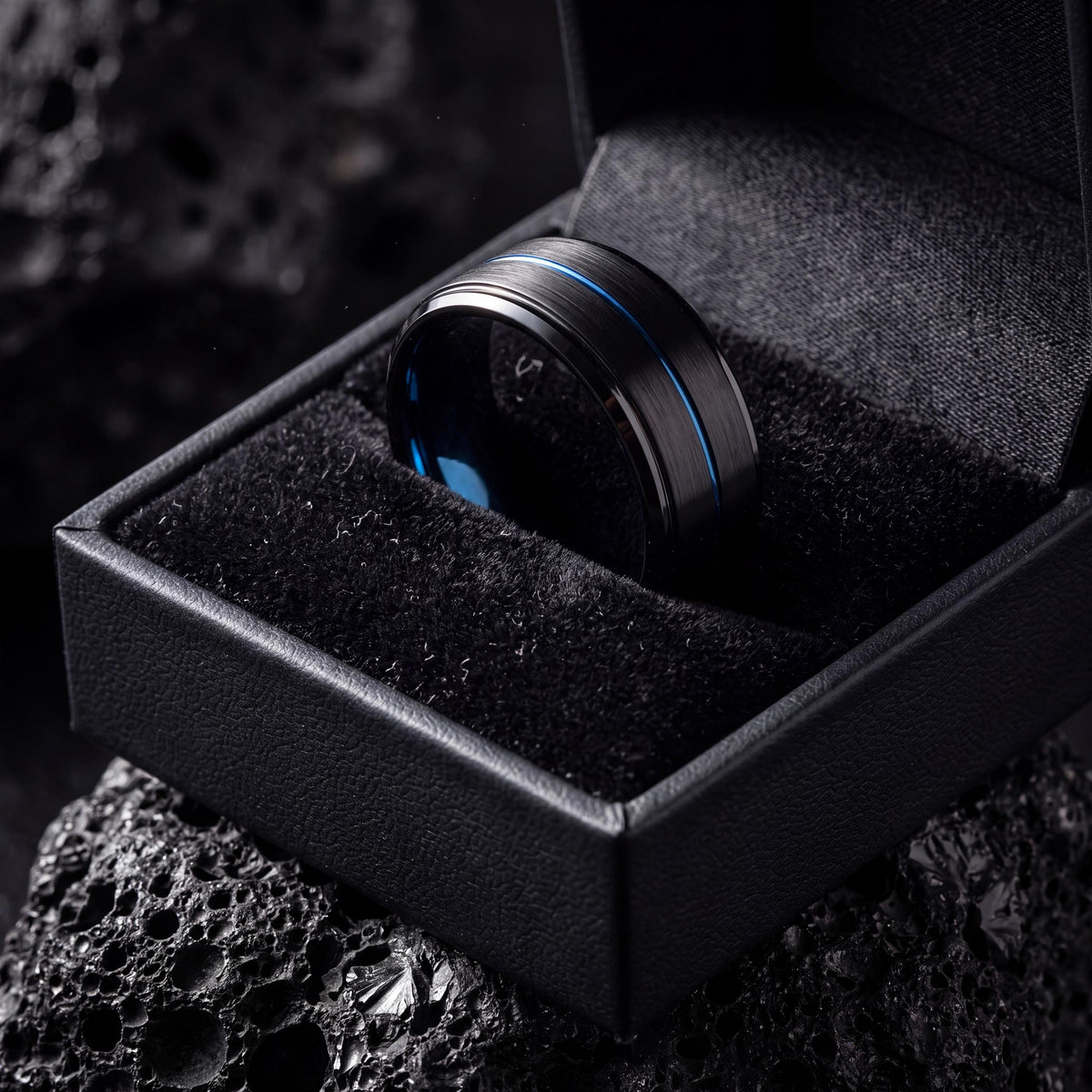 Black Tungsten Wedding Band Set, Blue Center Line, Comfort Fit