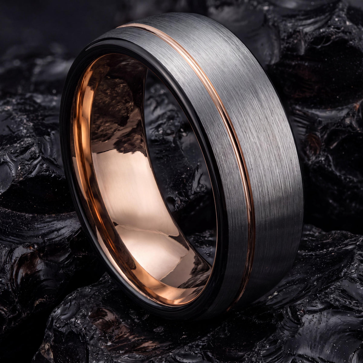 Curved Wedding Band,Nerdy Wedding Bands,Rose Gold and Black Tungsten Wedding Band,Silver Promise Ring,Rose Gold Ring,Newly Wed Gifts Black,8