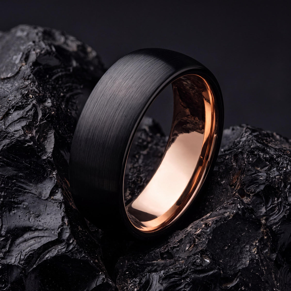 Black Tungsten Wedding Band, Rose Gold Plated, Comfort Fit