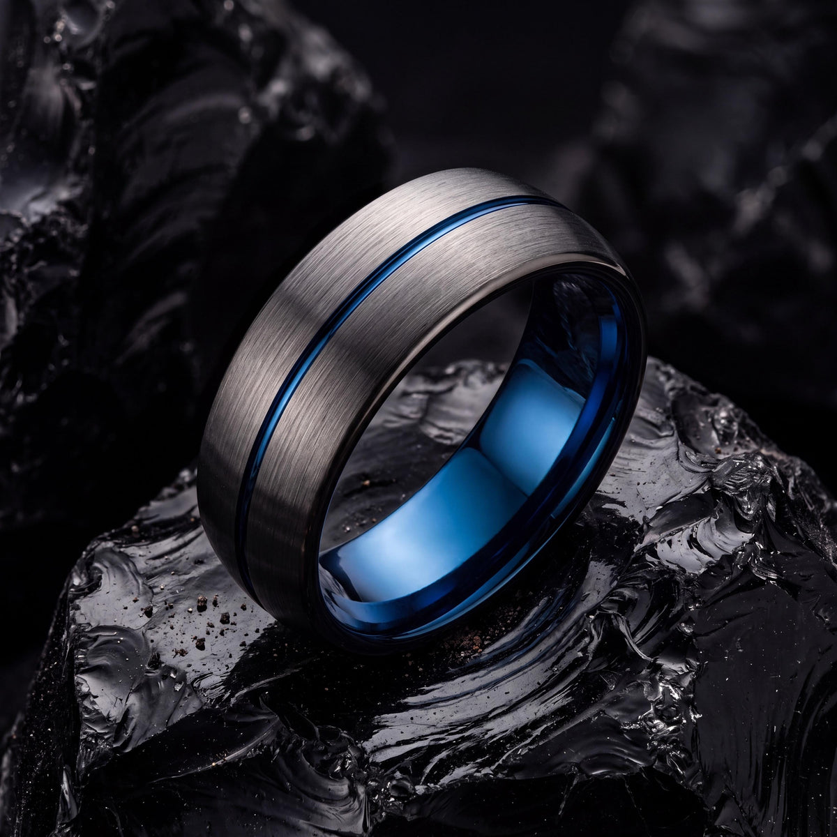 Mens Tungsten Wedding Band,Matching Wedding Bands His and Hers,Wedding Band Tungsten Carbide,Male Wedding Band Gunmetal 6mm,Mens Blue Ring,8