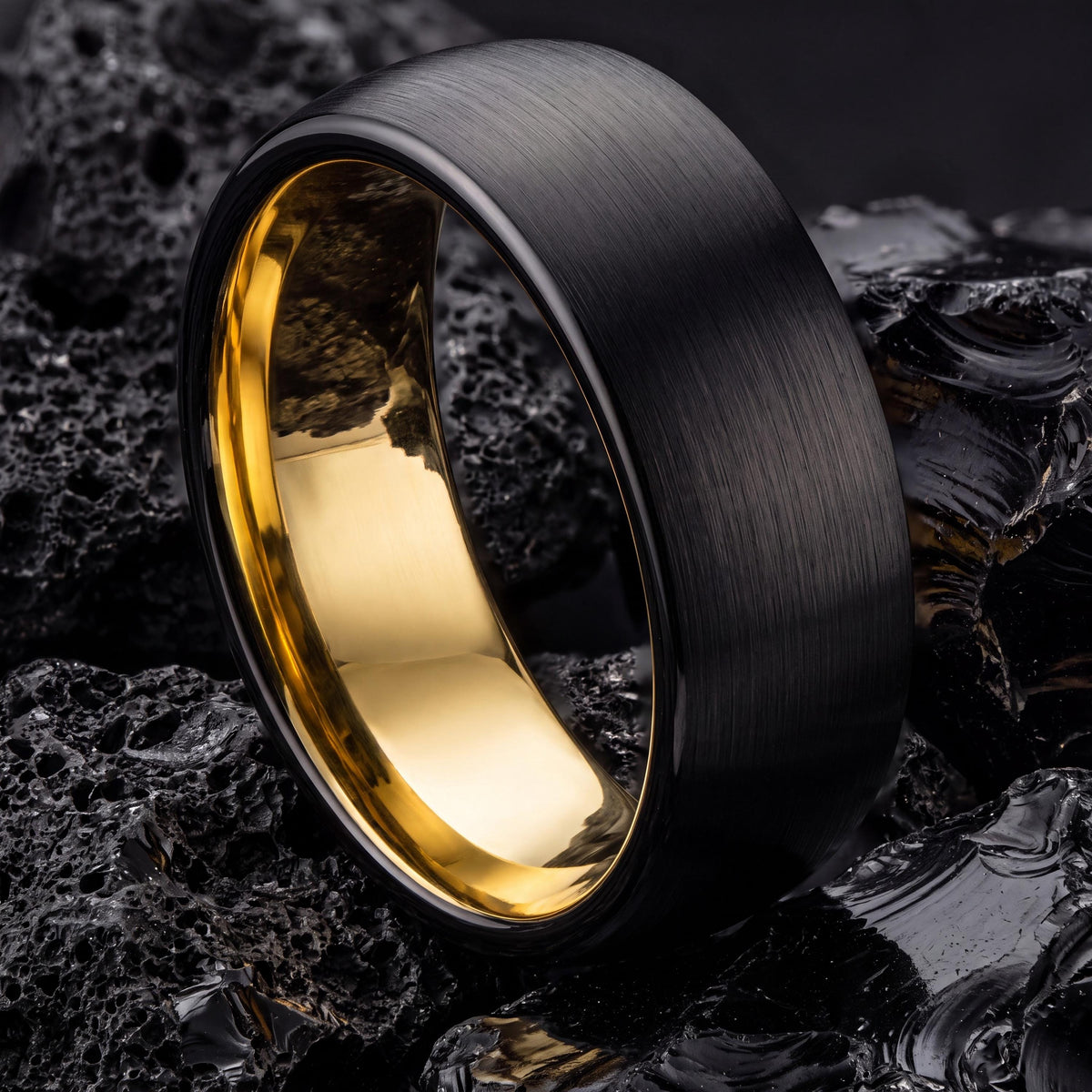 Black Tungsten Wedding Band, 18k Yellow Gold Plated, Comfort Fit