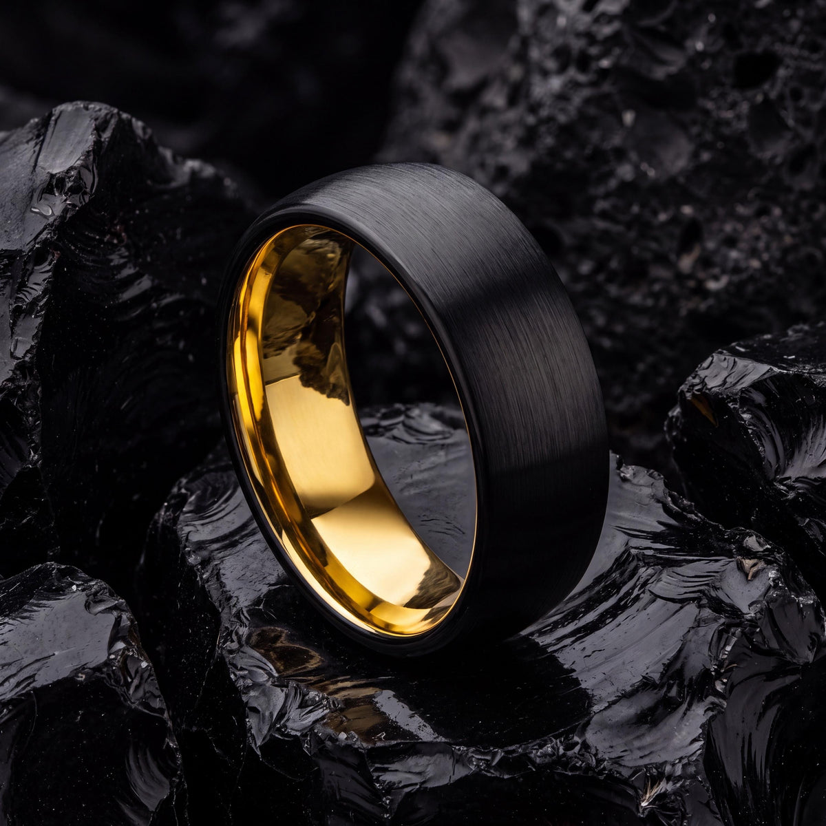 Black Tungsten Wedding Band, 18k Yellow Gold Plated, Comfort Fit