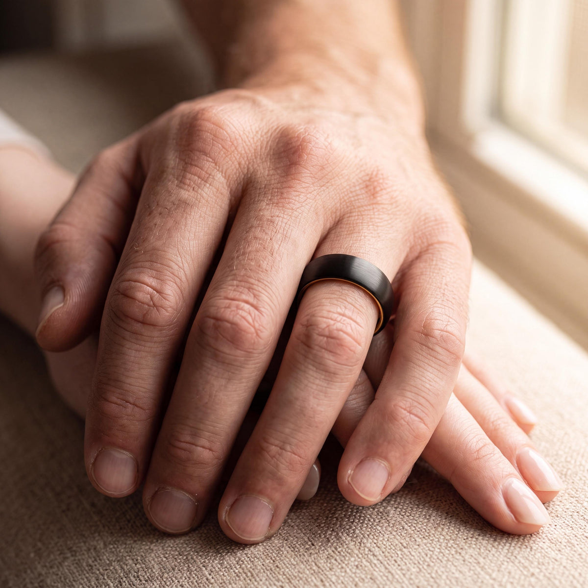 Black Tungsten Wedding Band, 18k Yellow Gold Plated, Comfort Fit
