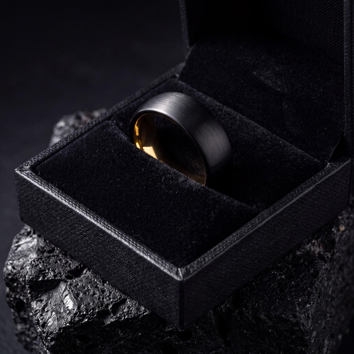 Black Tungsten Wedding Band, 18k Yellow Gold Plated, Comfort Fit
