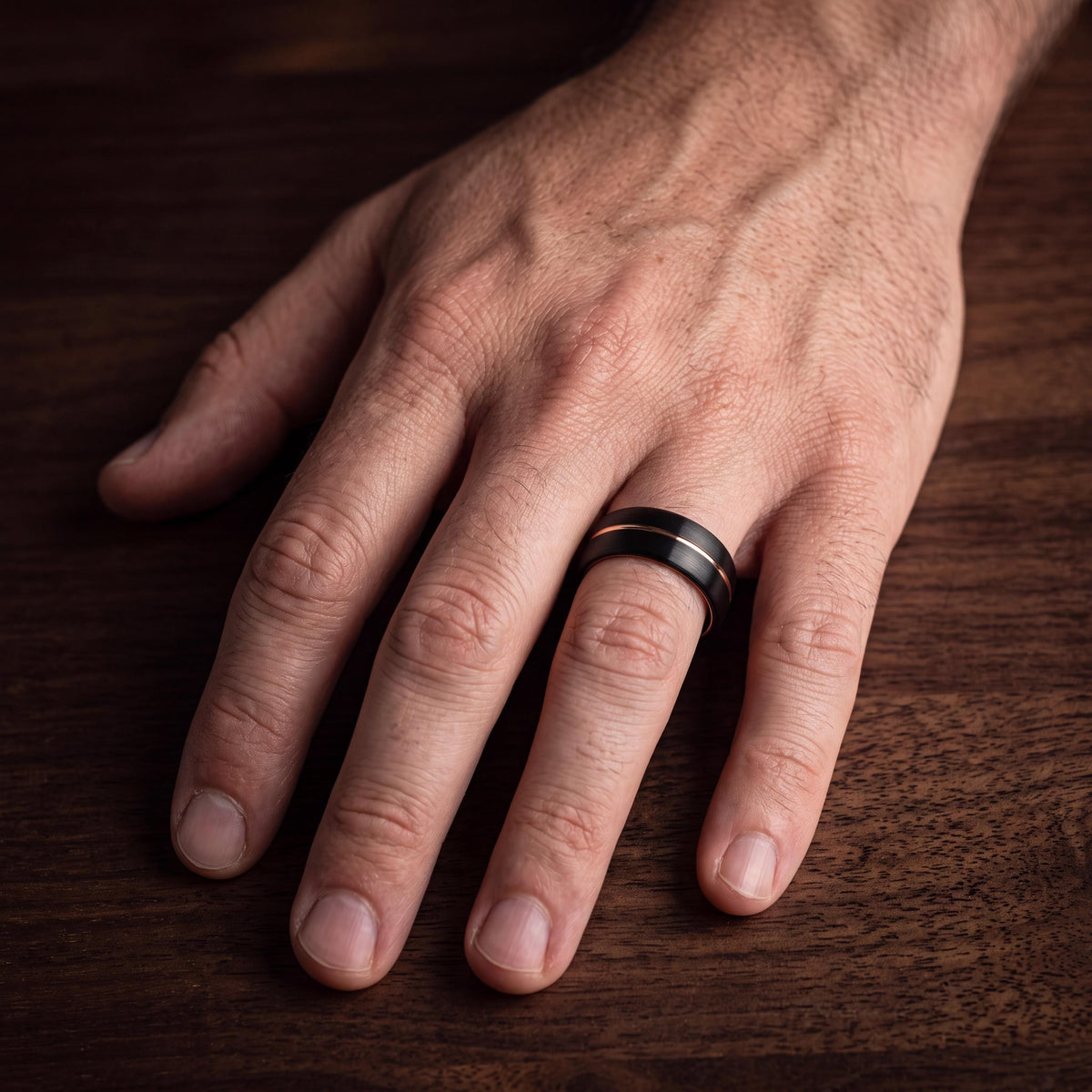 Black Tungsten Wedding Band with Rose Gold Inlay