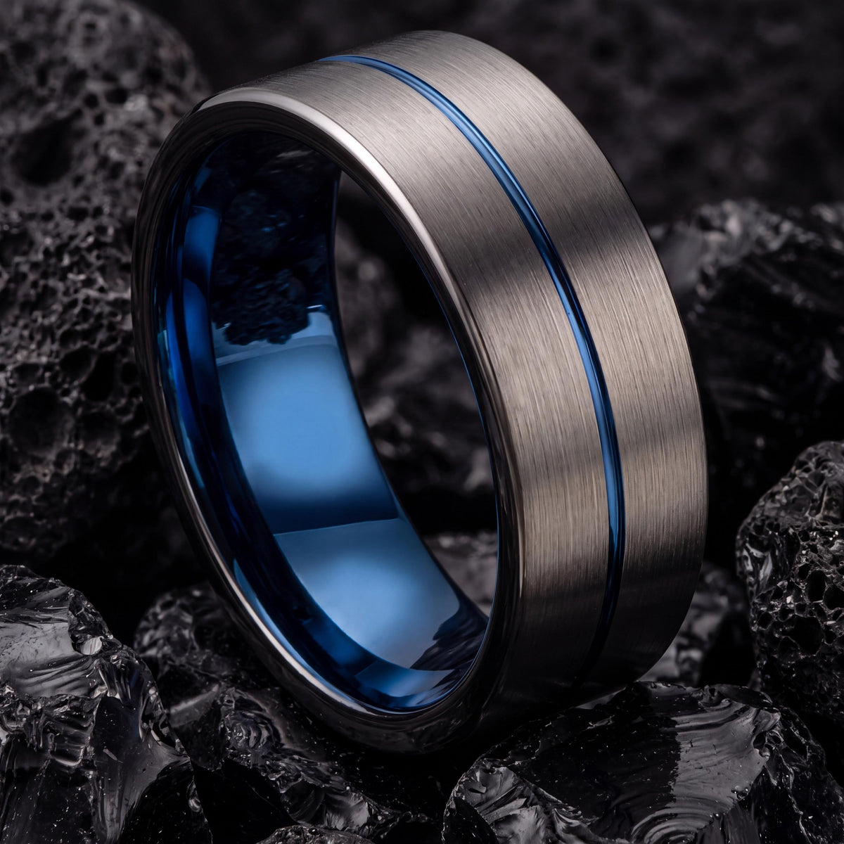 Mens Wedding Band,Tungsten Wedding Band,Wedding Bands Set,Wedding Ring Set Women,Male Wedding Band Gunmetal 6mm,Dainty Blue Ring Stackable,8