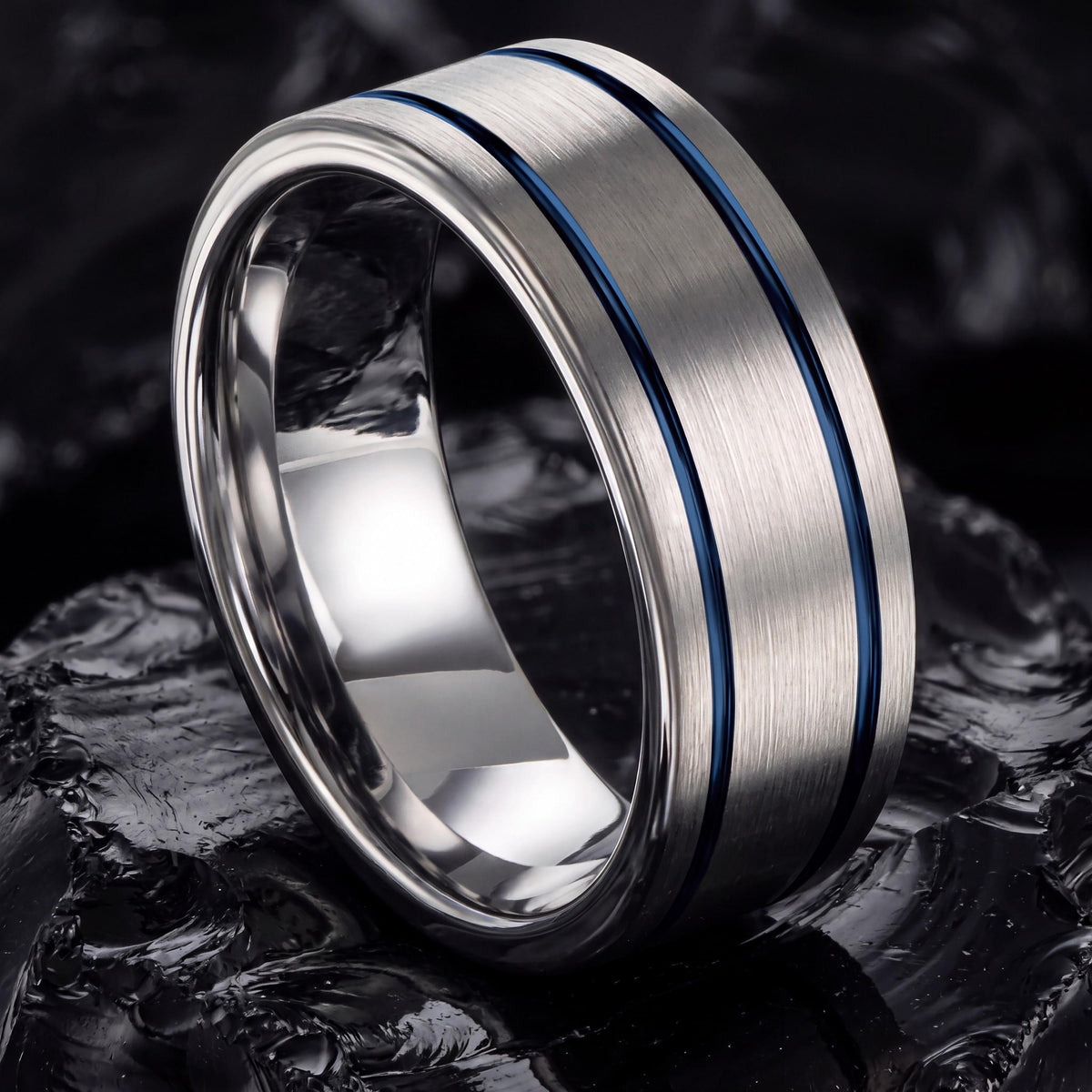 Custom Gift, Blue Silver Tungsten Wedding Ring, 8mm Flat, Jewelry, Personalized, Minimalist, Handmade, Birthday, Valentines, Mens Rings