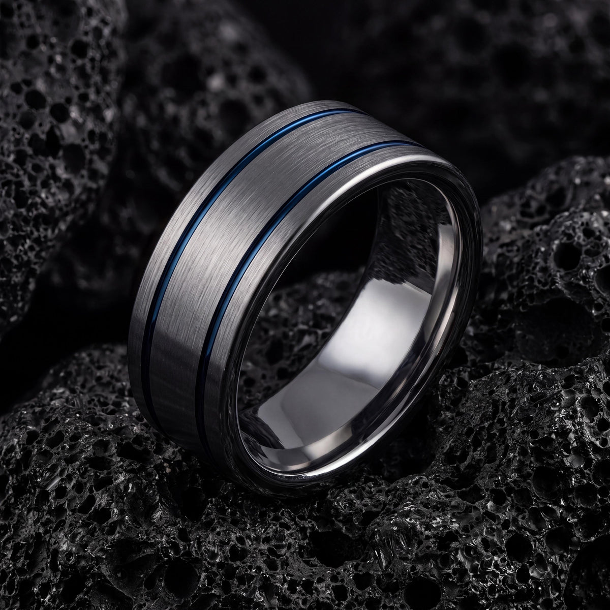 Custom Gift, Blue Silver Tungsten Wedding Ring, 8mm Flat, Jewelry, Personalized, Minimalist, Handmade, Birthday, Valentines, Mens Rings