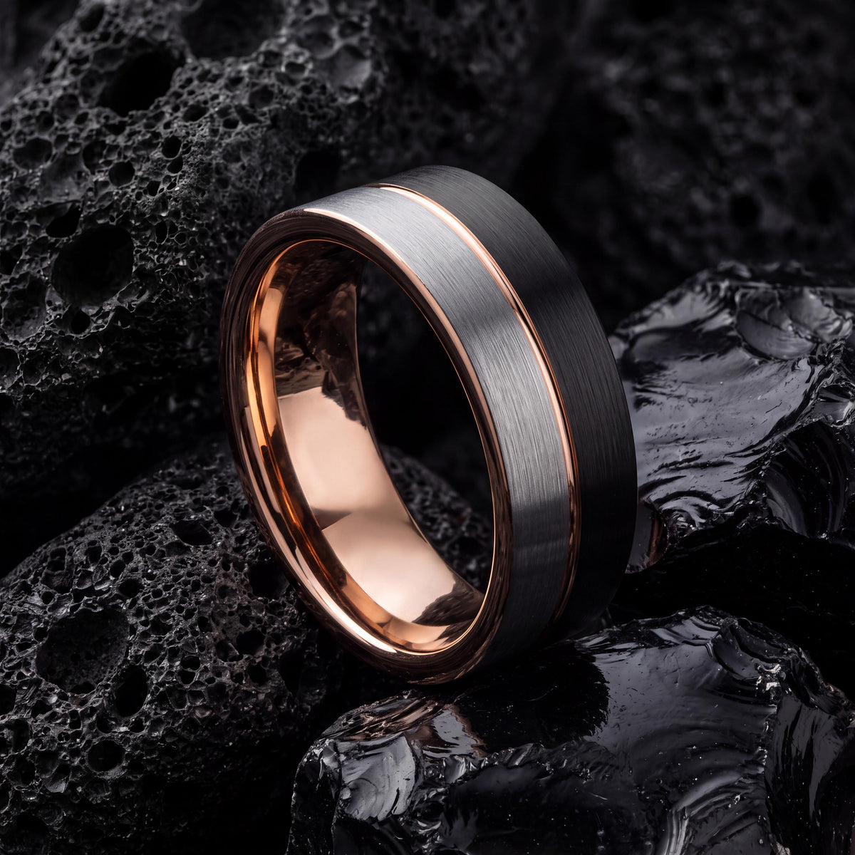 Wedding Band Set,Two Tone Mens Wedding Rings,Rose Gold and Black Tungsten Wedding Band,Silver Chunky Rings,Rose Gold Rings,Metallic Black,10