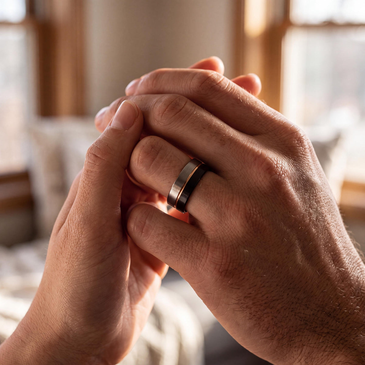 Wedding Band Set,Two Tone Mens Wedding Rings,Rose Gold and Black Tungsten Wedding Band,Silver Chunky Rings,Rose Gold Rings,Metallic Black,10