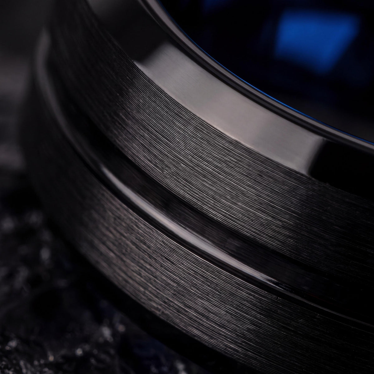 Black Tungsten Wedding Band, Blue Inner Band, Beveled Edge