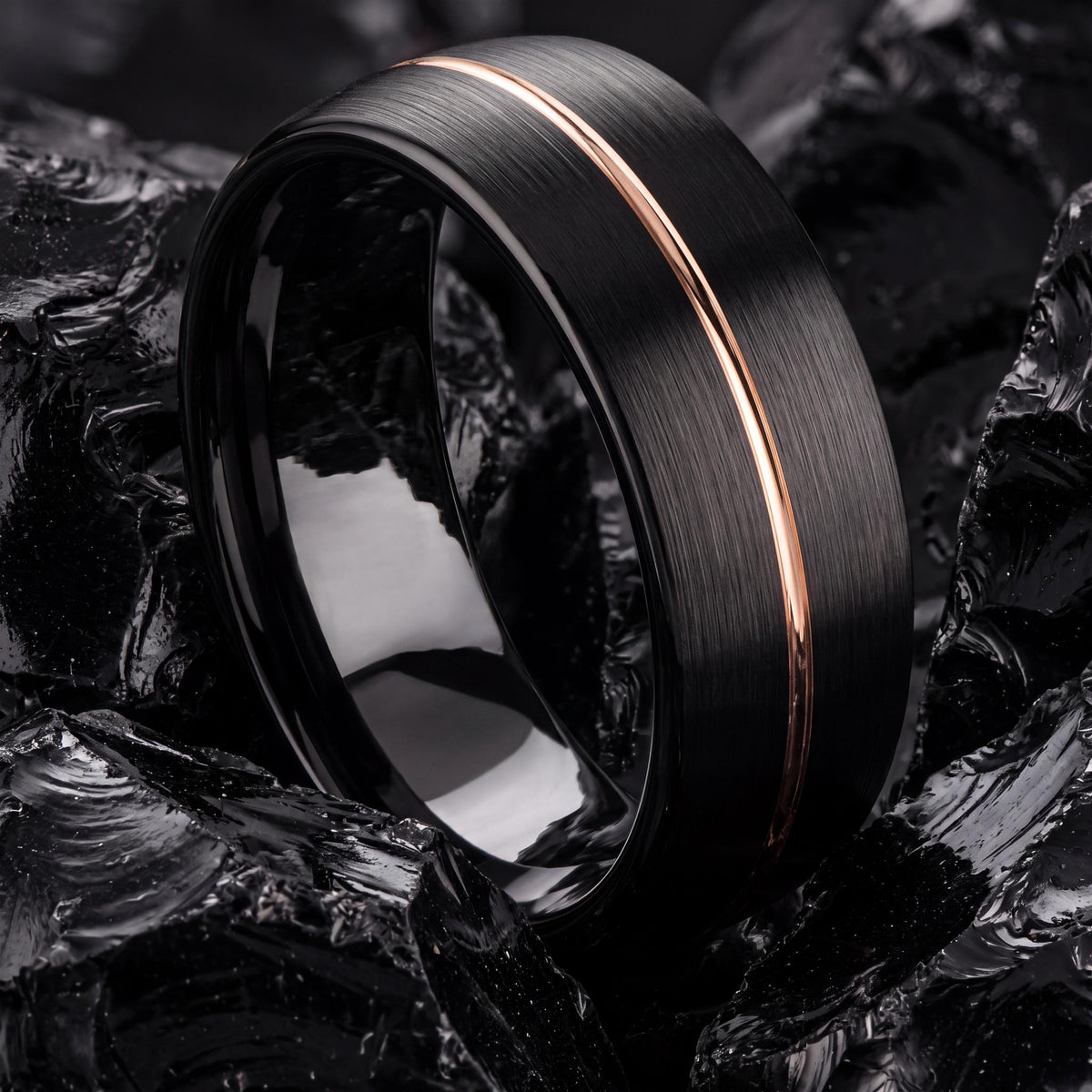 Personalized Gift for Him, Black Rose Gold Tungsten Ring, 8mm Dome Edge, Custom Engraved, Minimalist, Handmade, Mens Wedding Band
