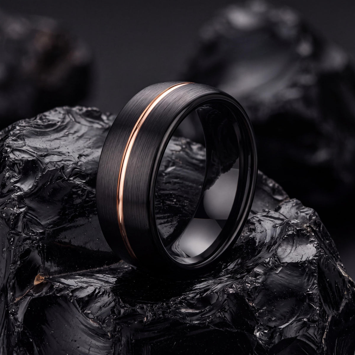 Personalized Gift for Him, Black Rose Gold Tungsten Ring, 8mm Dome Edge, Custom Engraved, Minimalist, Handmade, Mens Wedding Band