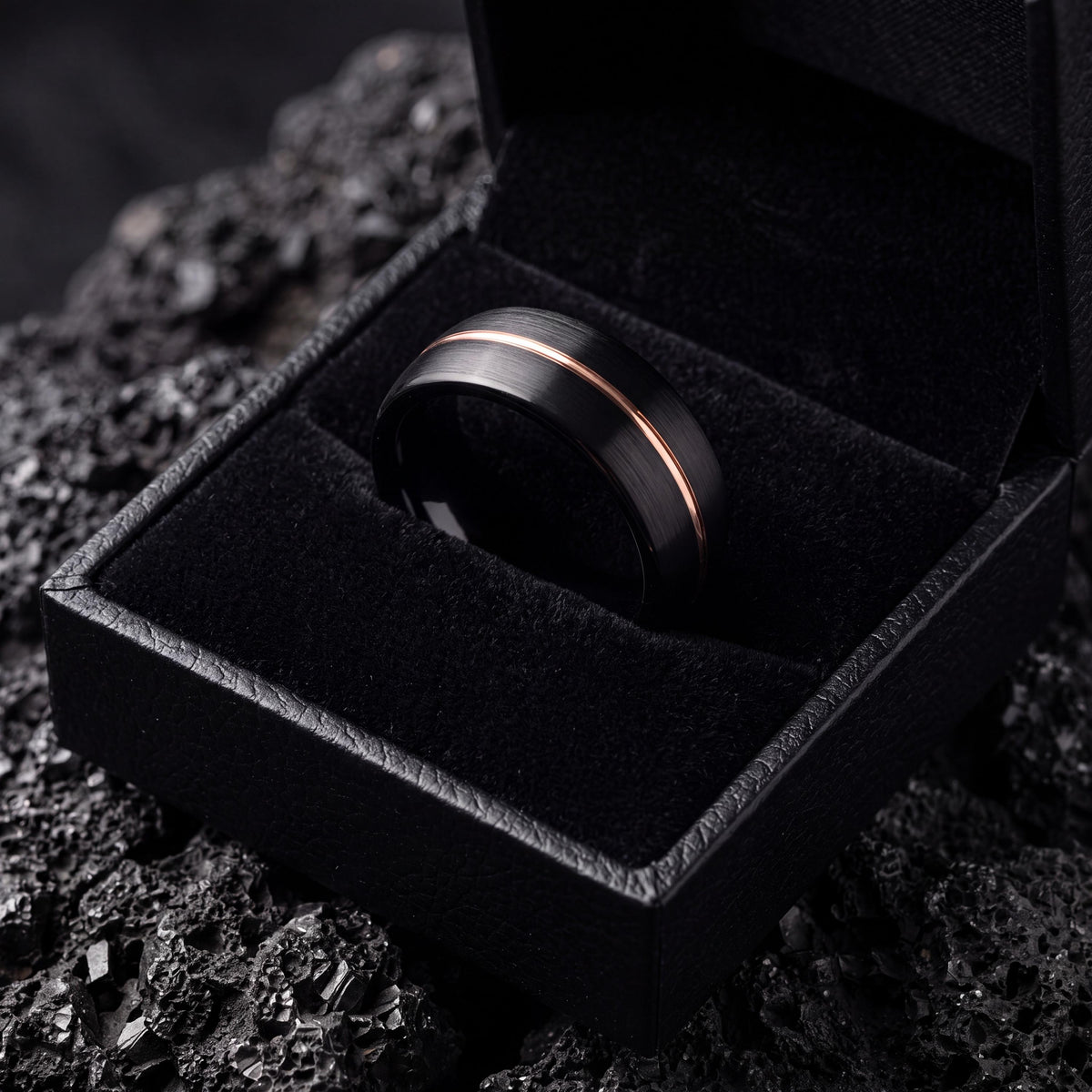 Personalized Gift for Him, Black Rose Gold Tungsten Ring, 8mm Dome Edge, Custom Engraved, Minimalist, Handmade, Mens Wedding Band