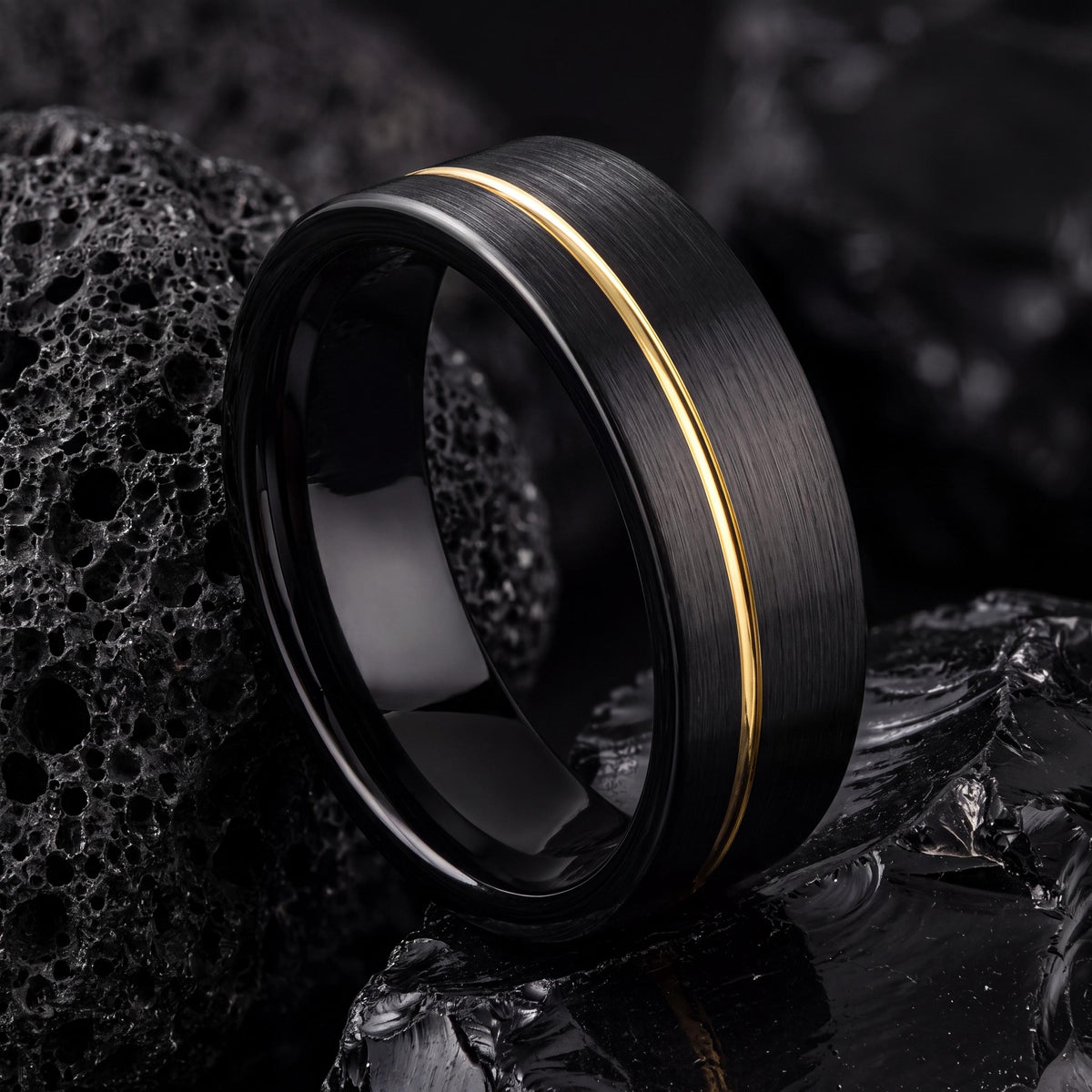 Mens Black Tungsten Wedding Band, Two Tone Gold Inlay, Comfort Fit