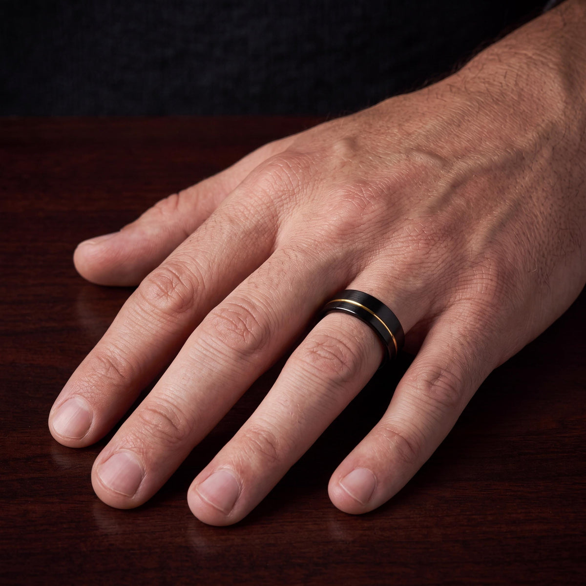 Mens Black Tungsten Wedding Band, Two Tone Gold Inlay, Comfort Fit