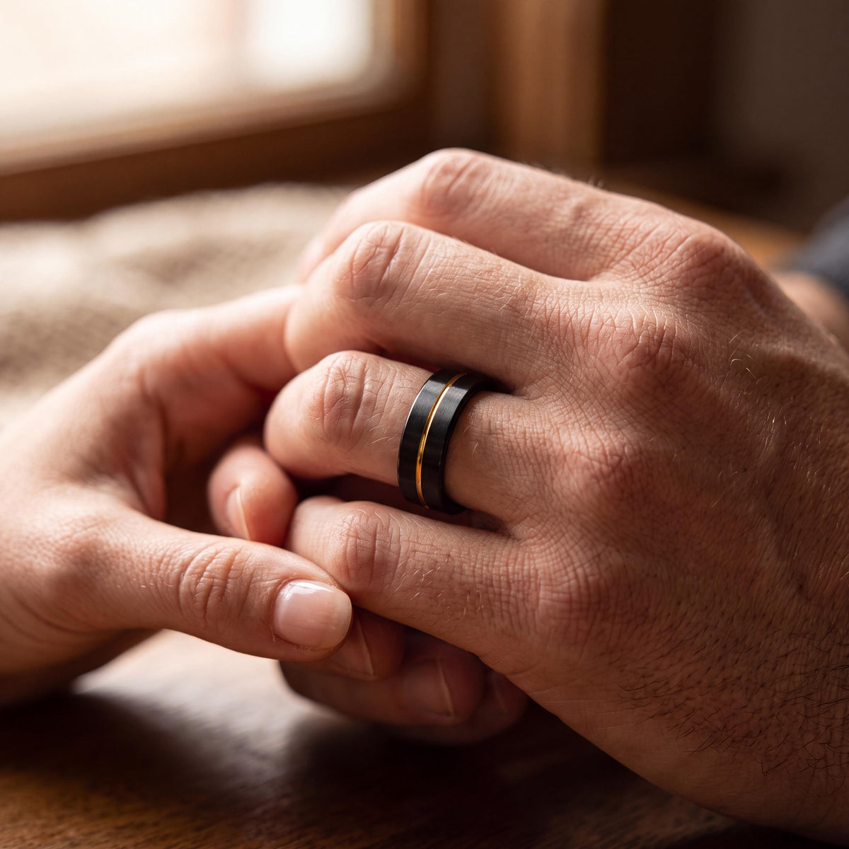 Mens Black Tungsten Wedding Band, Two Tone Gold Inlay, Comfort Fit