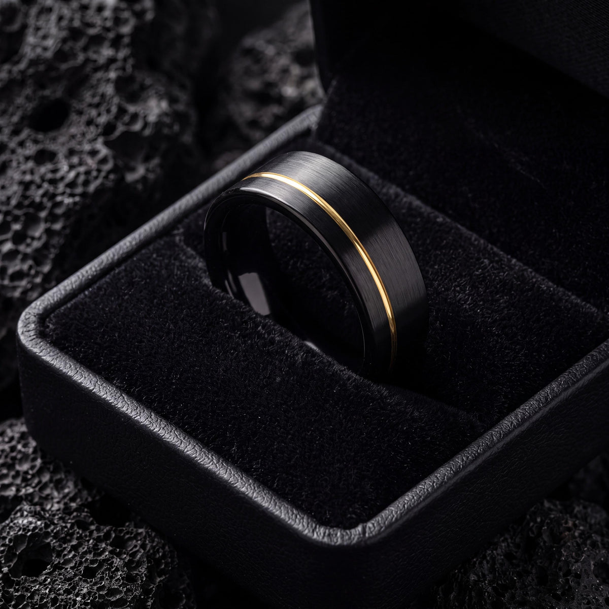 Mens Black Tungsten Wedding Band, Two Tone Gold Inlay, Comfort Fit