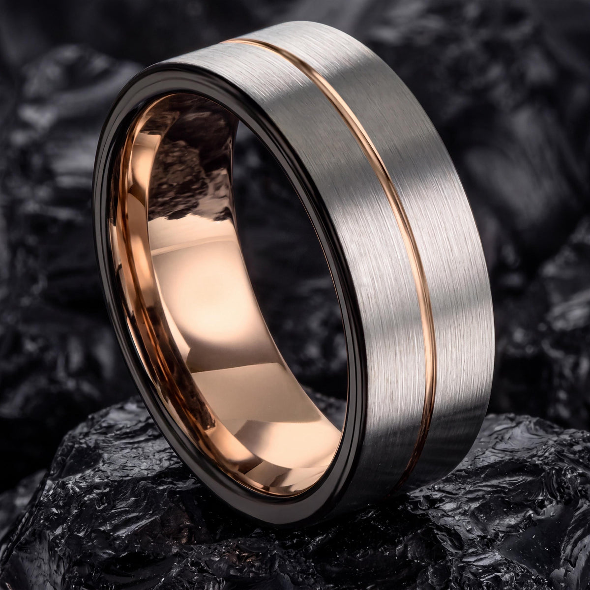 Tungsten Carbide Wedding Band, Rose Gold Inlay, Black Tungsten Ring
