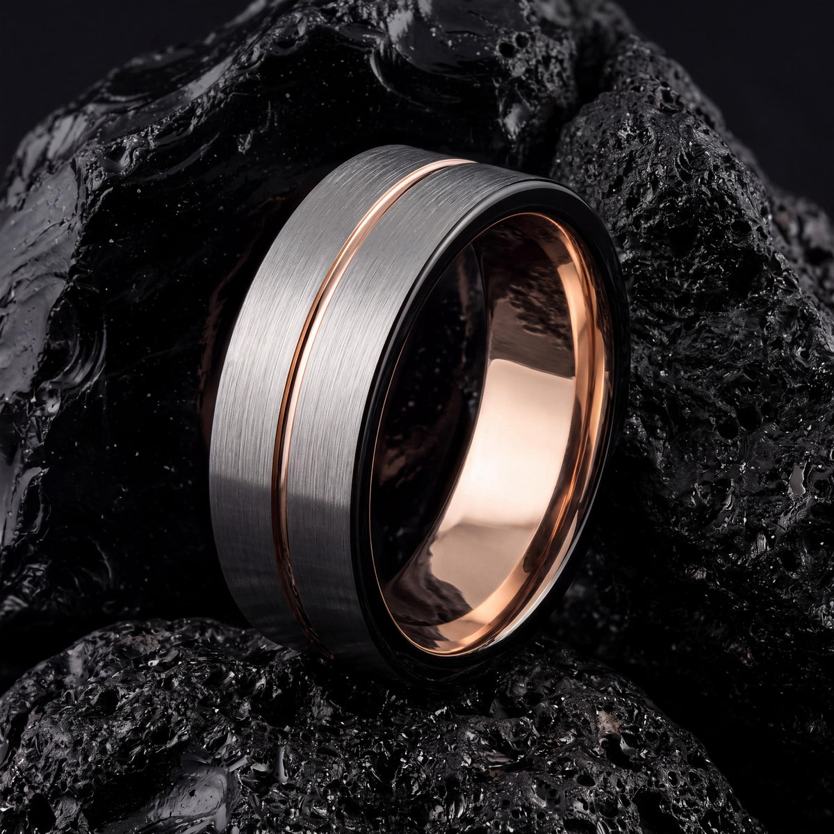 Tungsten Carbide Wedding Band, Rose Gold Inlay, Black Tungsten Ring