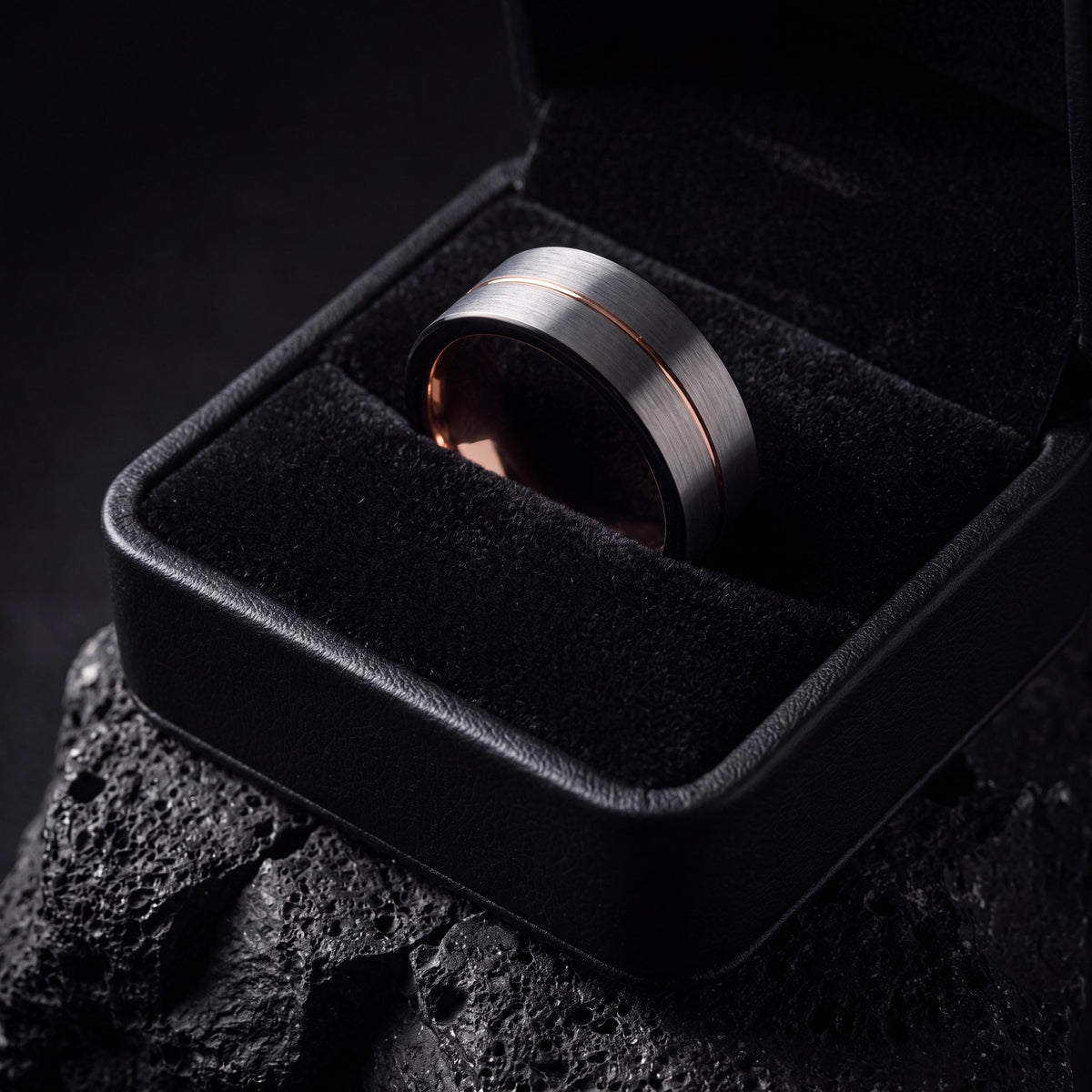 Tungsten Carbide Wedding Band, Rose Gold Inlay, Black Tungsten Ring