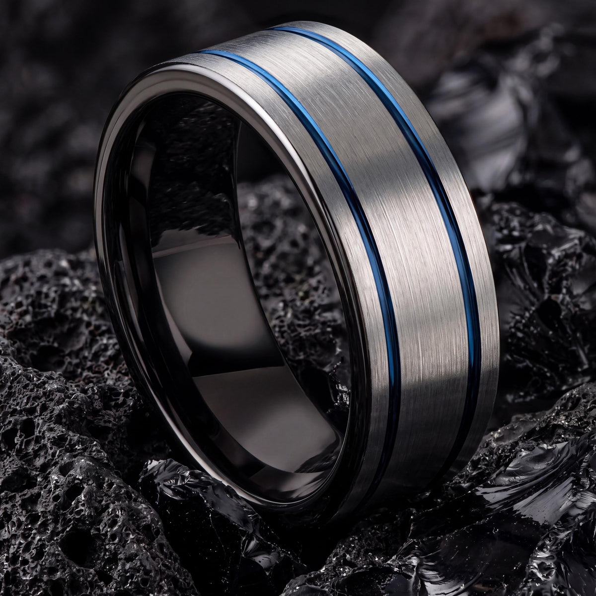 Mens Wedding Band Tungsten,Mens Wedding Bands,70Th Wedding Anniversary,Silver Couple Ring,Newly Wed Gifts Black,Dainty Blue Ring Stackable,8