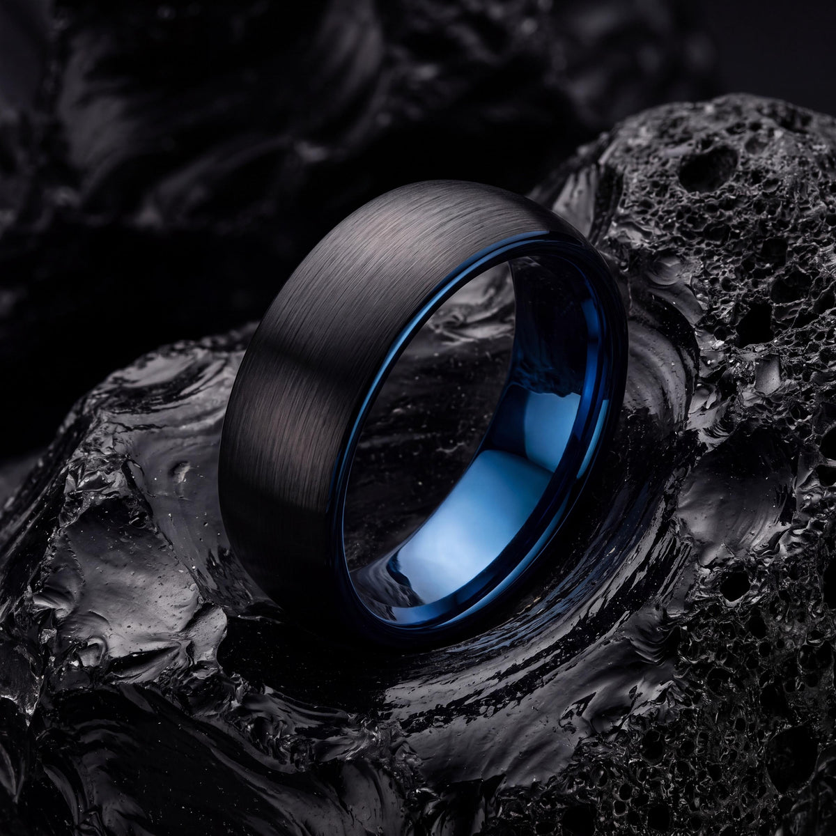 Black Tungsten Carbide Wedding Band with Blue Interior