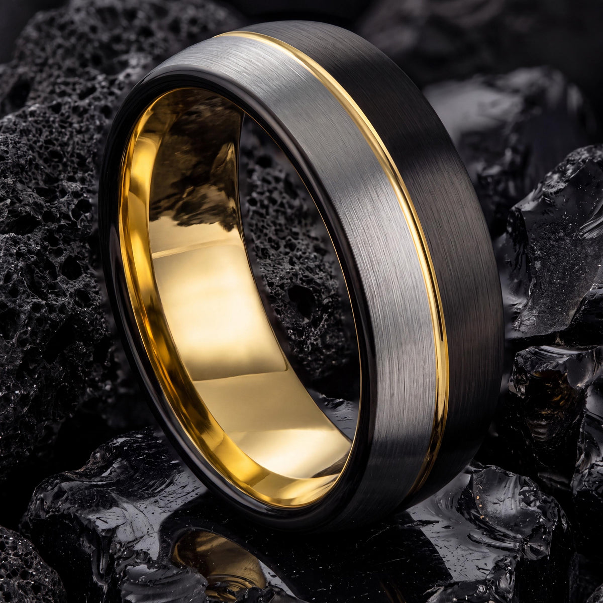 Black Tungsten Carbide Mens Wedding Band, Silver & 18k Gold Plated Ring