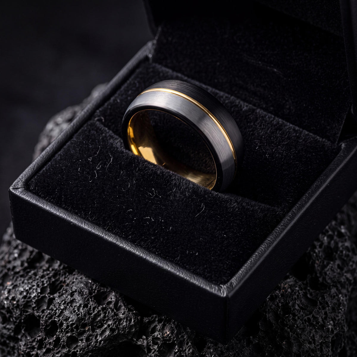 Black Tungsten Carbide Mens Wedding Band, Silver & 18k Gold Plated Ring