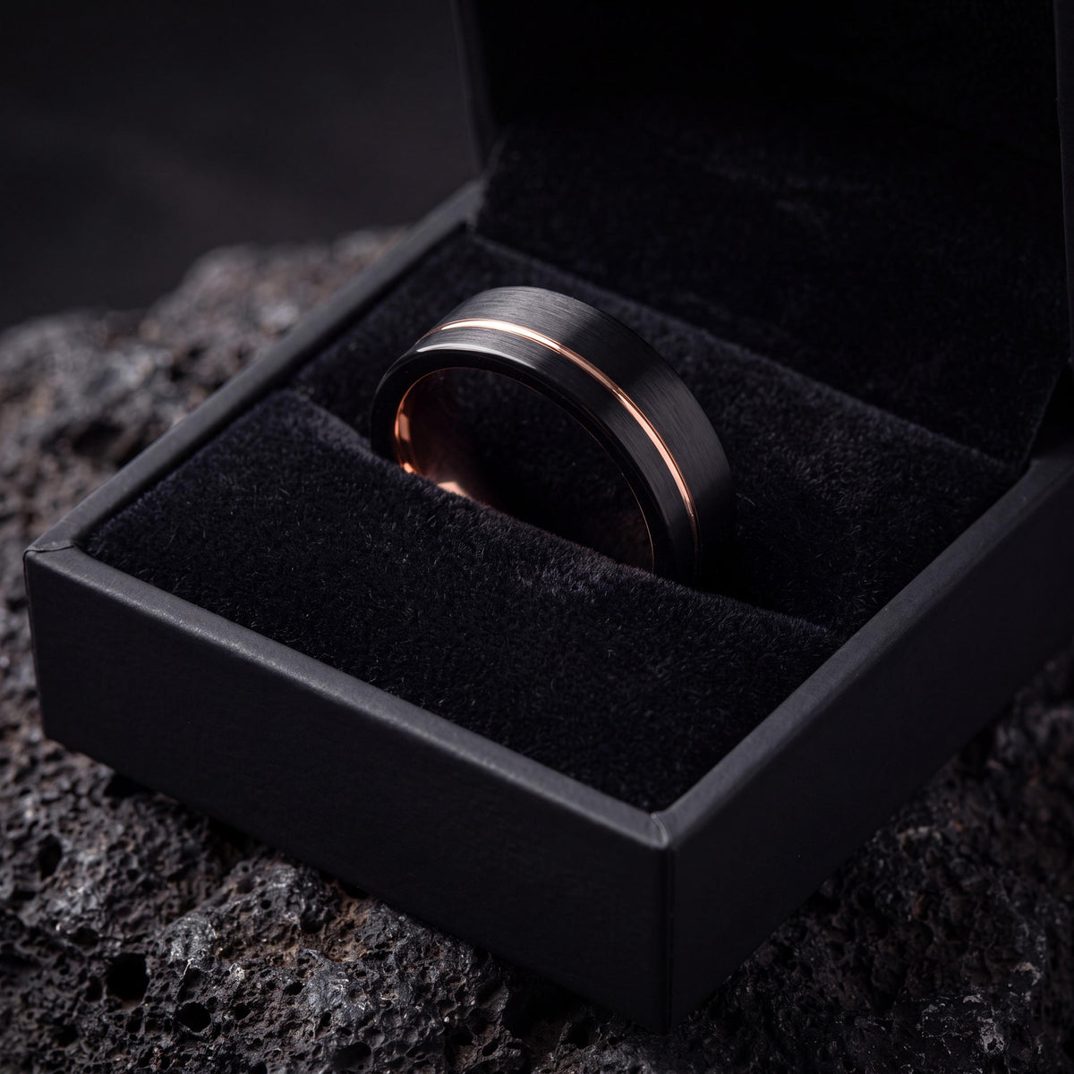 Mens Wedding Band - Black Rose Gold Tungsten Ring - 9mm Flat Edge - Personalized Engraved - Custom Handmade - Gift for Him