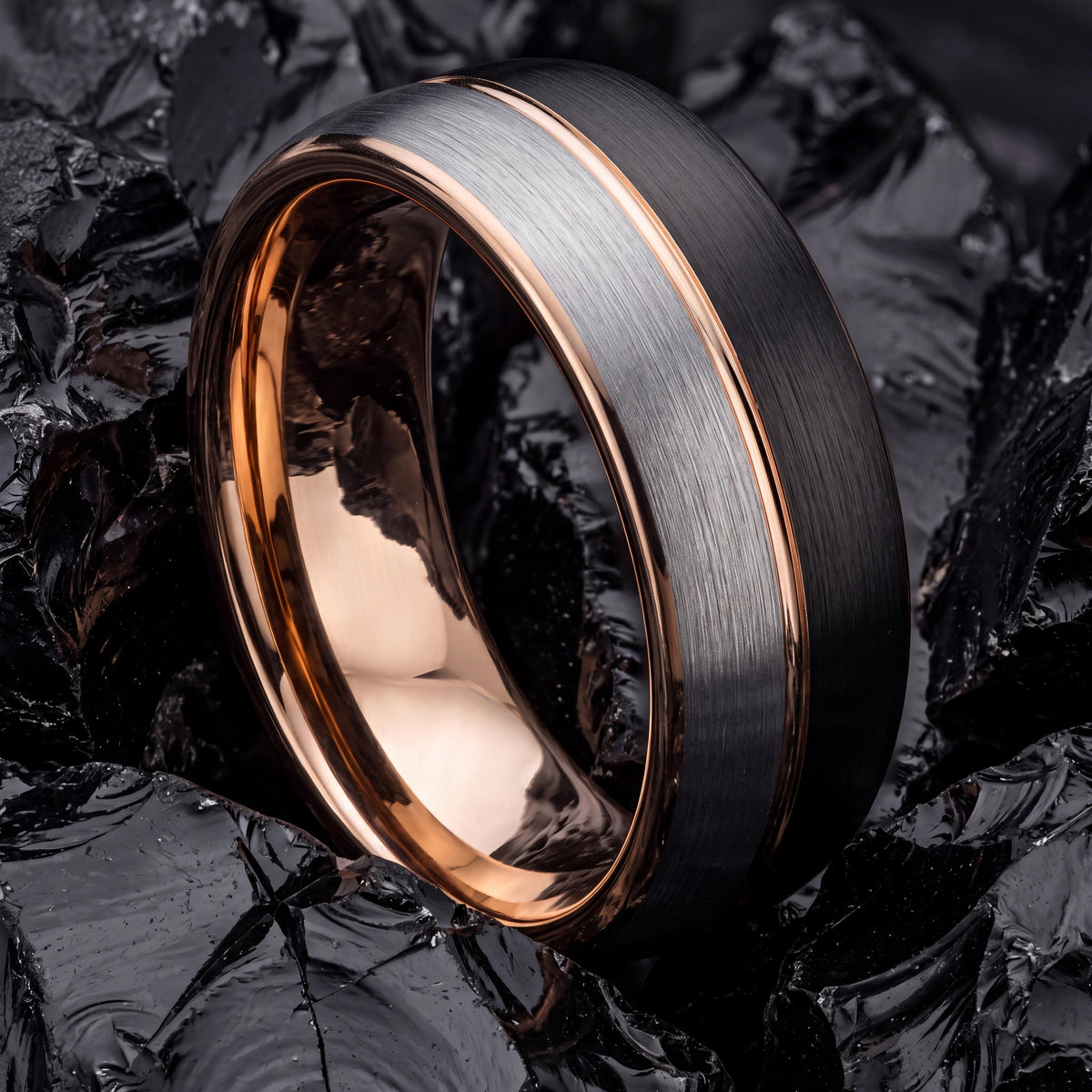 Tungsten Carbide Wedding Band Set, Black Silver Rose Gold, His and Hers