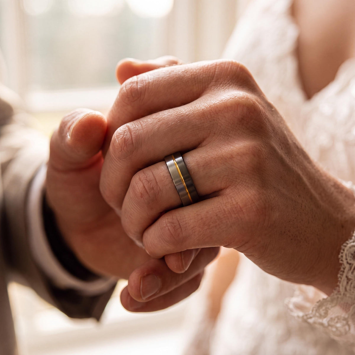 Tungsten Carbide Wedding Band, Gunmetal Silver with Yellow Gold, Comfort Fit