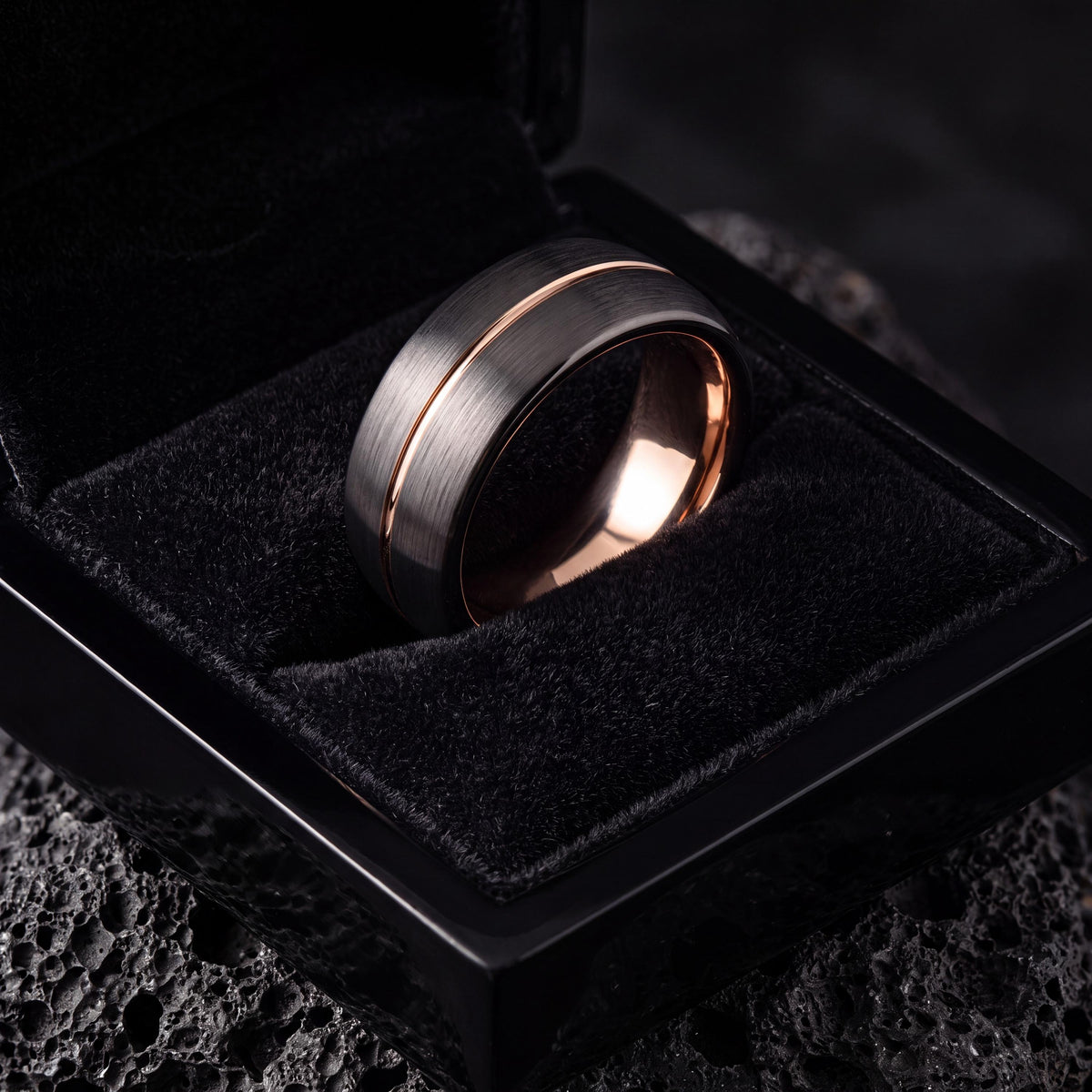 Mens Wedding Band Tungsten,Curved Wedding Band,Wedding Band Set His And Hers Unique,Male Wedding Band Gunmetal 4Mm,Rose Gold Cursive Letters