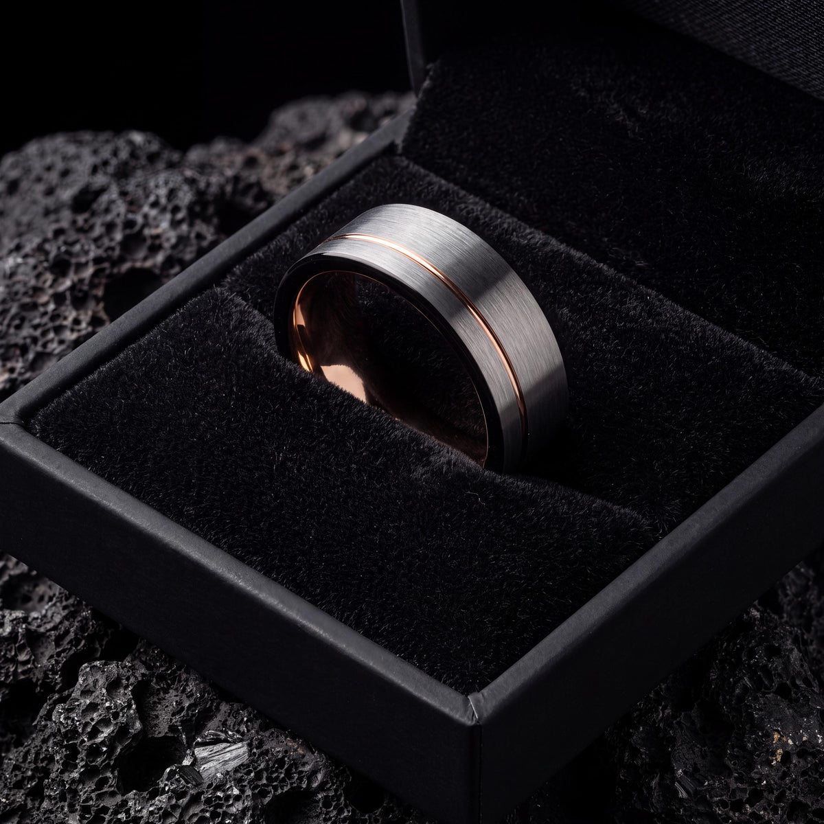 Tungsten Wedding Band Set, Black Rose Gold Inlay, Matching Promise Rings