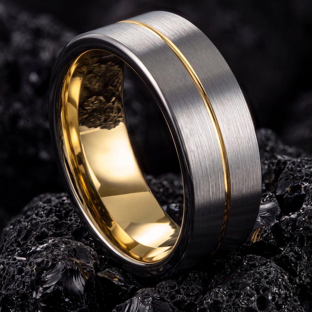 Mens Tungsten Wedding Band, Gunmetal Silver with 18k Yellow Gold