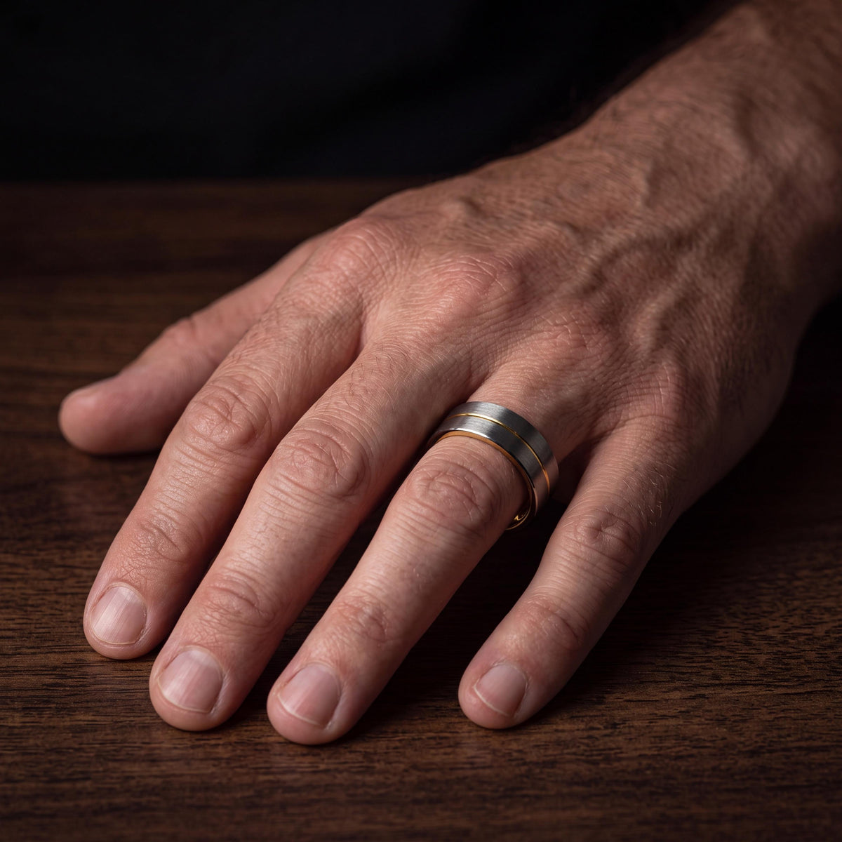Mens Tungsten Wedding Band, Gunmetal Silver with 18k Yellow Gold