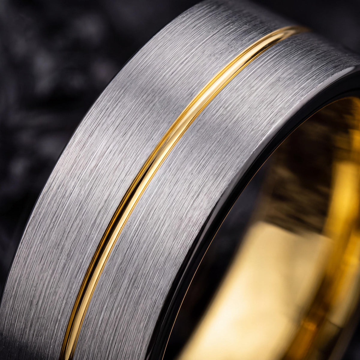Mens Tungsten Wedding Band, Gunmetal Silver with 18k Yellow Gold
