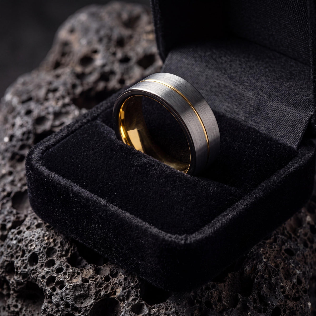 Mens Tungsten Wedding Band, Gunmetal Silver with 18k Yellow Gold