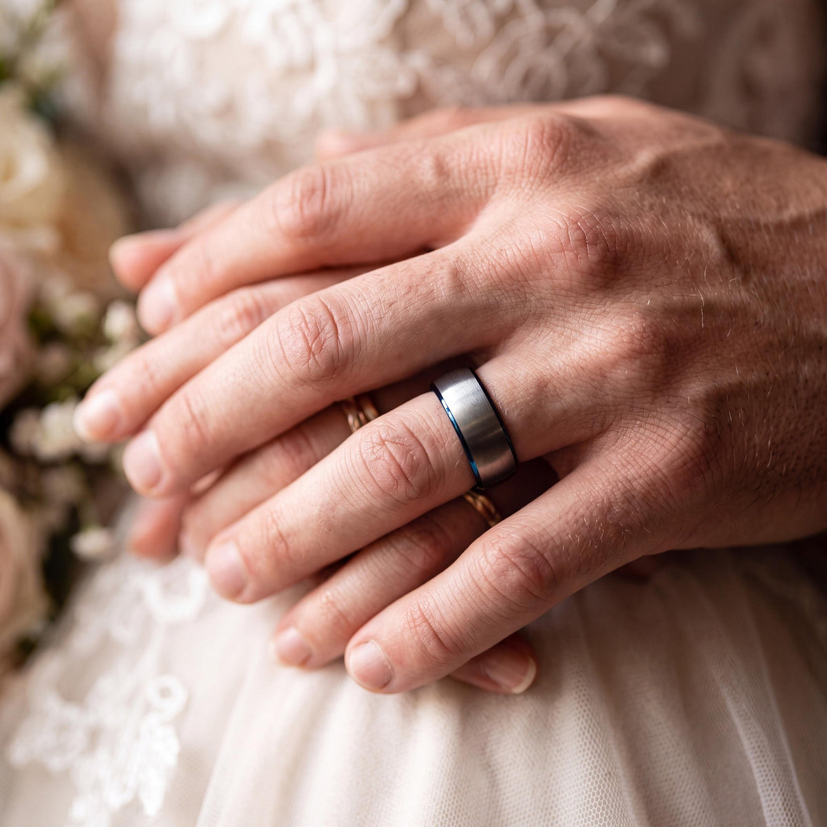 Textured Tungsten Wedding Band, Silver Ring, Blue Interior
